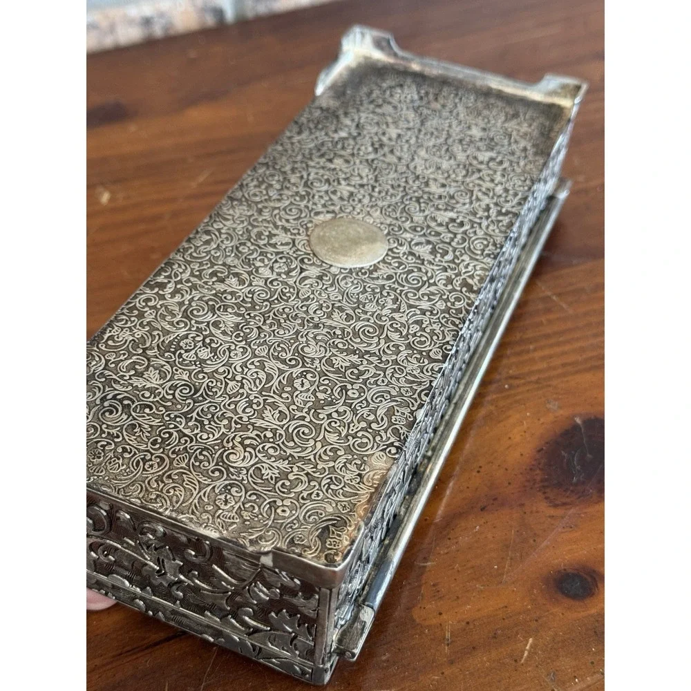 Vintage Jewelry Casket Silver Tone Floral Etched Box w/ Red Velvet Lining Heavy